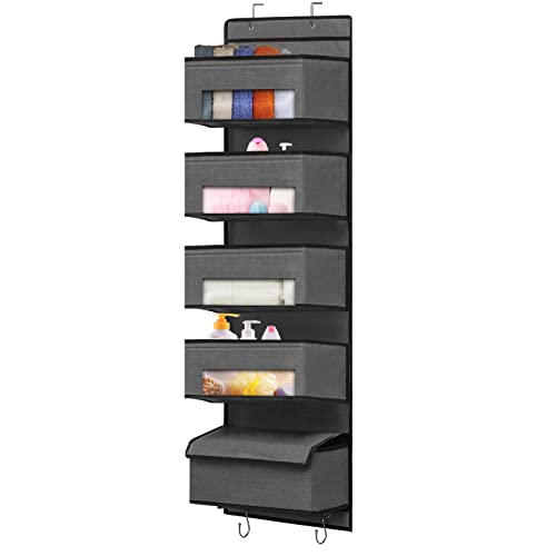 DAMAHOME Over Door Hanging Organizer - Closet Door Storage Organizer 5 Large Pockets, Door Organizer Hanging Clear Window Pocket, 4 Metal Hooks for Baby Nursery Bedroom Pantry Bathroom, Grey