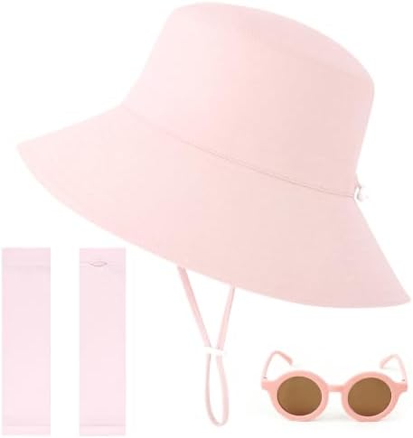 Sonnenhut Kinder UV Schutz 50+, Fischerhut Kinder Set mit Sonnenbrille | UV Mütze Kinder Set mit Fischerhut, Runder Sonnenbrille und UV Ärmeln für Sommer, Strand und Reisen