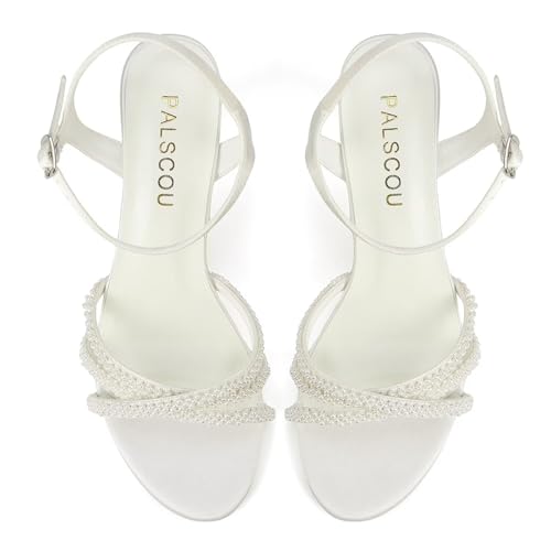 Women's White Heeled Sandals Pearl Wedding Shoes Open Toe Strappy Bridal Heels2