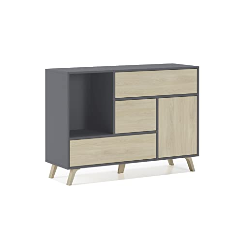 Skraut Home | Buffet pour Salon ou Salle à Manger | 86 x 120 x 40 cm | Buffet 1 Porte + 3 Tiroirs | Modèle Wind | Bois Résistant | Finition Gris/Chêne