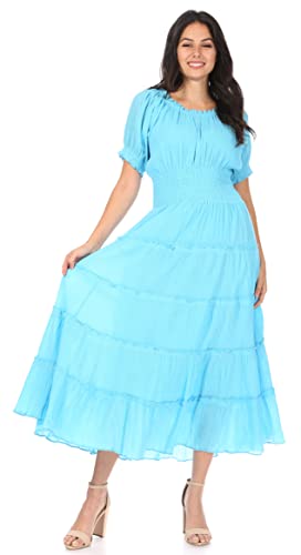 Image of Sakkas Cotton Crepe Smocked Peasant Gypsy Boho Renaissance Mid Length Dress