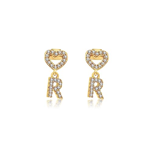 EARFULL Initial Heart Stud Earrings, 18K Real Gold Plated Dainty Alphabet Letter Earrings CZ Heart Shape Stud Earrings Women Teens, Letter R