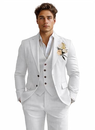 Costume de Smoking 3 pièces en Lin pour Homme - Coupe ajustée - pour la Plage, Les Mariages, Les Affaires, Le marié et Le Bal, Blanc, Taille M