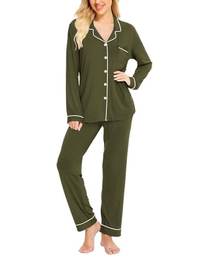 Image of SWOMOG Womens Pajamas Set Long Sleeve Sleepwear Button Down Nightwear Soft Cotton Pj Lounge Sets