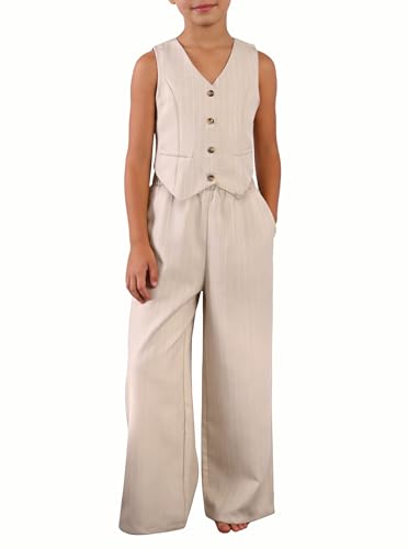 LuxyBear Girls Two Piece Outfits Kids Vest And Wide Leg Pants Set Back to School Outfits for Girls Beige 9-10 Years