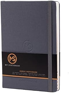 A5 Index Notebook Hardback Linen Fabric 100% Cotton Cover 8mm Ruled Margin A-Z Tabs 264 Pages 100 GSM Ivory Paper - FSC Approved (Grey Cover)