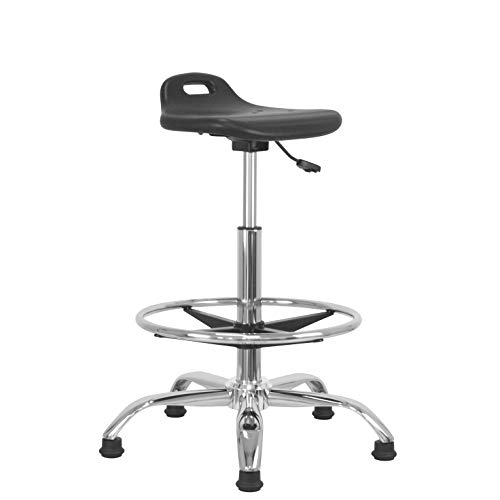 Asiento de pie, Taburete de Oficina Alto, Ajustable de 55 a 79 cm, Asiento ergonómico, reposapiés Ajustable, Patas fijas, Estructura de Metal Cromado, para Escritorio y mesas Altas