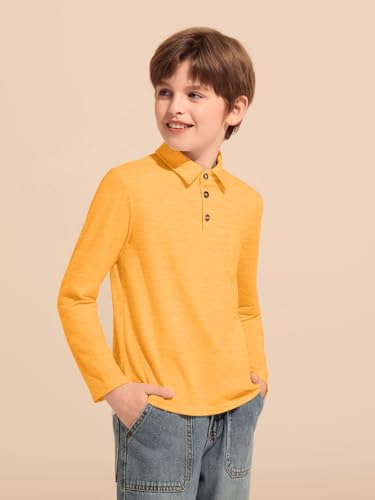 Image of Haloumoning Boys Long Sleeve Polo Shirts Kids Casual Button School Uniform Shirts with Chest Pocket 5-14 Years