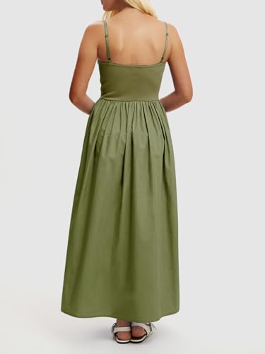Image of Mieazom Women's Sleeveless V-Neck Maxi Dress with Pockets - Slim Fit Casual Summer Spaghetti Strap Dress for Vacation