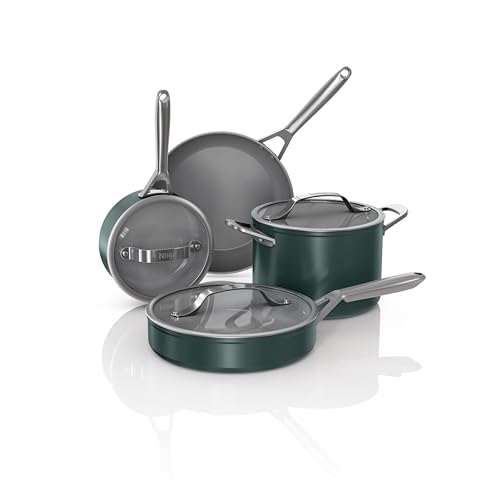 Image of Ninja Ceramic Pro 7Pc Cookware Set, NonStick Pots & Pans Set with Glass Lids, Nontoxic, PTFE Free, Ceramic Coated, Oven Safe, All Stovetops & Induction Compatible, British Racing Green, CW39007GN