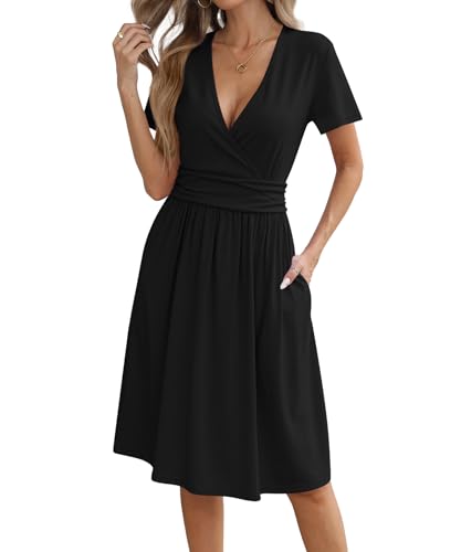Image of KUOTAI Women's Summer Short Sleeve Casual Dresses Wrap V Neck Beach Outfits Party Flowy Dress with Pockets, Black, Small