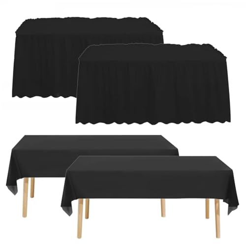 MLETULIPS 4 Pcs Kunststoff Tischröcke und Fleckschutz Tischdecken 54 x 108 in Kunststoff Tischdecke Multi Pack 168 x 29 in Tischröcke Einweg für Hochzeit, Geburtstag, Ostern, Party (Black)