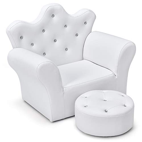 Costzon Kids Sofa, Children Upholstered Sofa with Ottoman, Princess Sofa with Diamond Decoration, Ottoman, Smooth PVC Leather Toddler Chair, Kids Couch for Preschool Boys and Girls Gift (White)