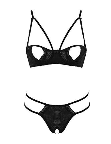 dPois Womens Sexy Sheer Lace Open Bra and Panty Set Transparent Underwear Nightwear Black Medium