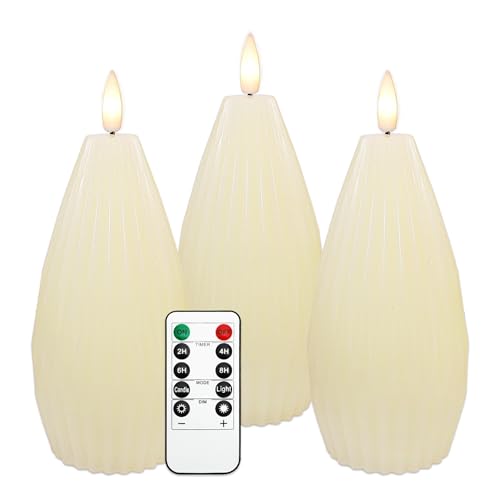 Image of Ivory White Ribbed Flameless Candles Battery Operated with Remote Geometric Aesthetic Flickering LED Real Wax Candle Vintage Home Decor for Christmas Table Fireplace Mantel, 3 Pack
