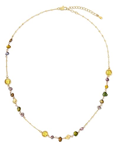 Gold Light Yellow Green Brown Beaded Natural Stone Healing Statement Necklace Choker for Women by SNGIA, Colorful Bead Quartz Trendy Birthstone Jasper Gemstone Bohemian Preppy Retro Bold Handmade Exaggerated Jewelry Gifts, Vintage Unique Cute Baroque Crystal Pearl Opal necklace Summer Beach Fashion Nickle Free Rhinestone Accessories