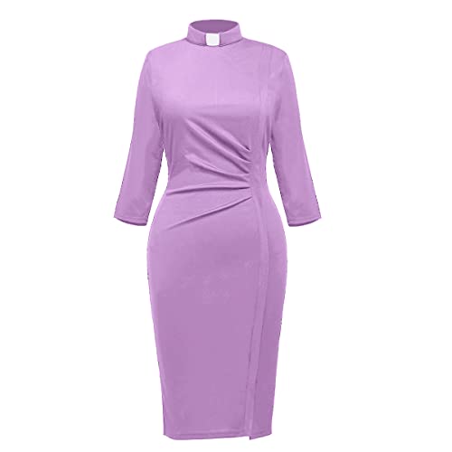 BLESSUME Catholic Church Women Clergy Tab Collar Dress 3/4 Sleeve Ruched Elegant Business Pencil Sheath Dress