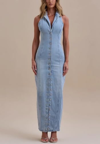 Unybwonn Women's Casual Button Down Maxi Denim Dresses Sexy Bodycon Sleeveless V Neck A-Line Long Jean Skirt Dress2
