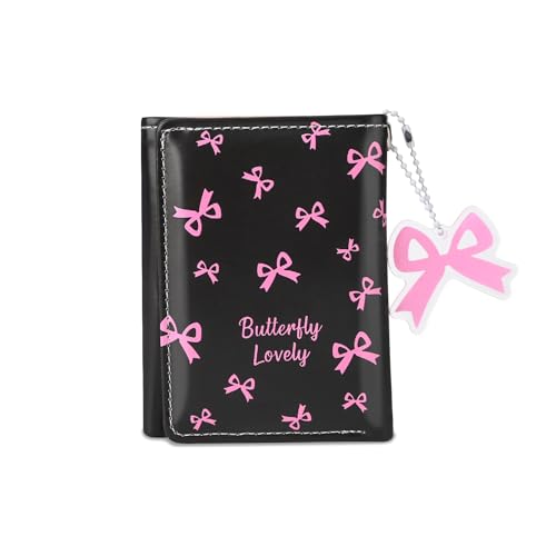 Wallet Women, Cute Pink Bow Ladies Trifold Coquette Wallet, Small Wallets Woman Business Credit Card Change Holder Purse for ID Cards Cash Key (Pink Bow)