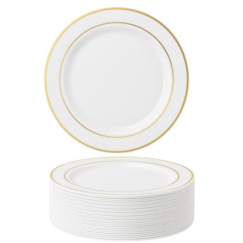MATANA 50 Assiettes en Plastique Blanc Premium avec Bordure Dorée (26cm) - Assiettes Blanches Solides, Réutilisables et Élégantes pour les Fêtes, les...
