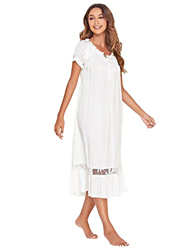 Verdusa Women's Lace Nightdress Short Sleeve Victorian Nightgown Sleepwear Pajama White M #TOP4