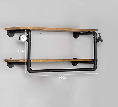 Estante de pared industrial de tubería de agua y madera maciza de doble capa MU
