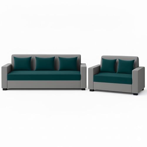 Image of FURNY Lexon 5 Seater Fabric 3+2 Sofa Set (Greenish Teal-Light Grey) Premium Velvet Finish | Durable & Comfortable | Ideal for Living Room