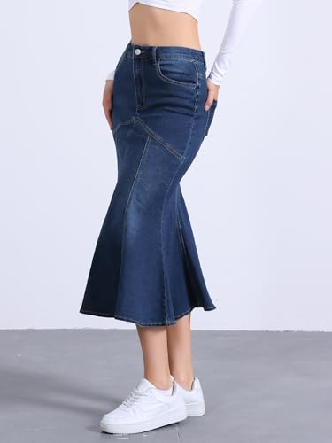 Allegra K Fishtail Denim Skirt for Women's Casual High Waisted Bodycon Midi Jean Skirts4
