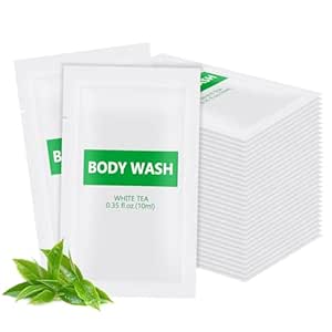 Travel size body wash in convenient individual packaging, ideal for guests and travelers.
