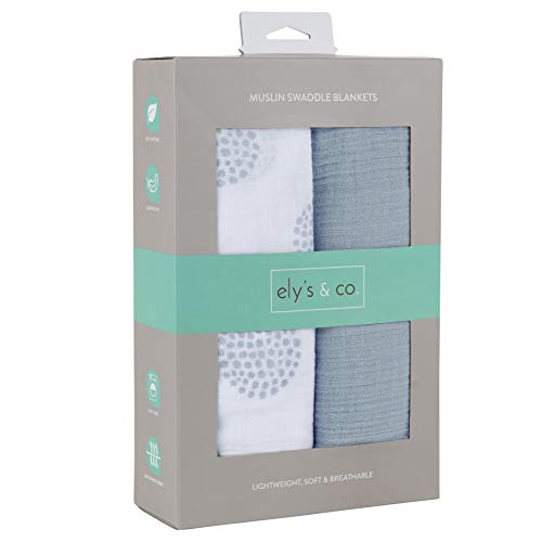 Image of Ely's & Co. Cotton Muslin Swaddle Blanket 2-Pack for Baby Boy - 100% Cotton Muslin Extra-Large Swaddle Blankets (47 inch x 47 inch) Misty Blue, Solid & Dottie Design