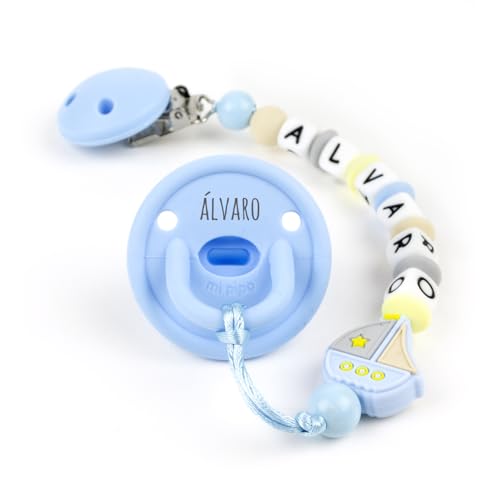 Mi Pipo - Set Chupete Personalizado Gummy + Chupetero Personalizado con Nombre | Chupete Tetina Anatómica, Libre de BPA | +0 Meses, Cómodo, Suave y Seguro | Limpieza Fácil y Rápida | Barco Celeste