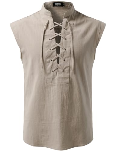 JOGAL Mens Renaissance Shirt Pirate Medieval Sleeveless Halloween Costume Steampunk Viking Lace-up Stand Collar Shirts Beige Large