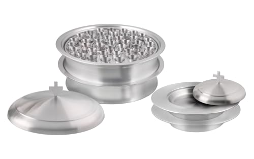 Communion Ware 2 Holy Wine Serving Trays with A Lid & 2 Stacking Bread Plates with A Lid + 80 Cups - Stainless Steel (Matte)