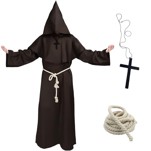 yumcute Halloween Mönch Kostüm, Priester Robe Mönch Kostüm, Mittelalter Renaissance Robe, Cosplay Mönchskostüm, mit Kreuz-Halskette und Kordel für Halloween Karneval