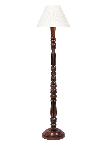 Image of Straight Pleated Off-White Cotton Floor Lamp with Wooden Base - Height 54 Inches | Elegant Standing Lamp for Living Room, Bedroom & Office | Stylish Home Lighting Decor