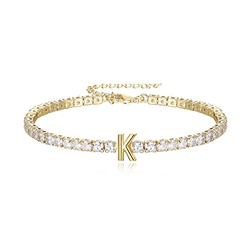Clearine Bracelet Femme Or Tennis Zircone Cubique Pailleté Maillon Réglable pour Fille Bracelet Lettre K Or Cover