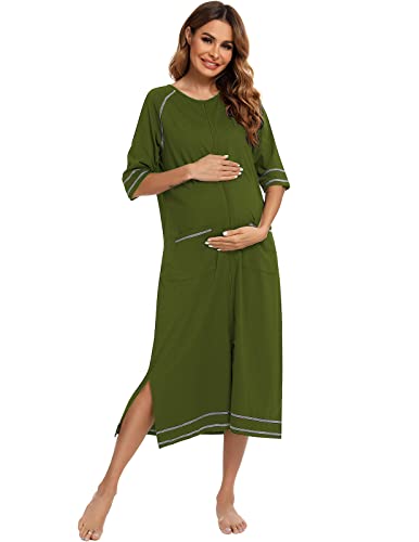 Image of Veseacky Women Robe Zipper Front House Coat 3 /4 Sleeve Nightgown Full Length Ladies Lounge Dress with Pockets S-XXL