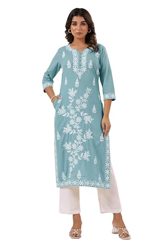 Image of Janasya Women's Pure Cotton Embroidered Straight Kurta