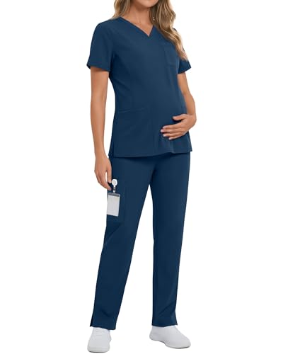 JoyMotion Womens Maternity Scrub Set V Neck Top Side Slit Stretchy Scrub Pants Pregnancy Nurse Uniform with 9 Pockets(Blue Green Large)