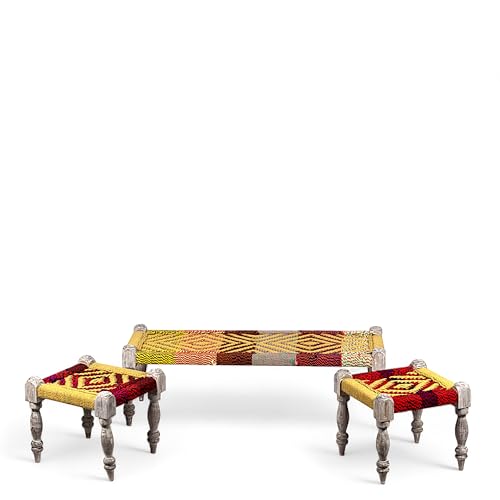Ikiriya Hamilton Sheesham Wood Vintage 3+1+1 Seater Maachi Bench/Charpai/Khatiya/Rajasthani Traditional Settees/Recamiers with 2 Stools in Multi Colour Chindi & Yellow Rope Canning for Living Room