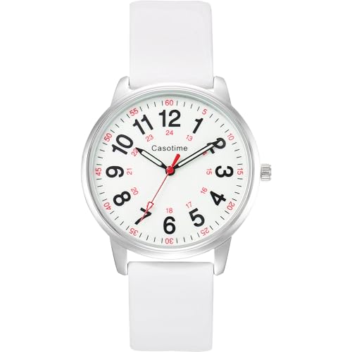 Casotime 30M Waterproof Nurse Watch - Luminous Easy Read Dial, Second Hand & 24H Military Time, Durable Silicone Band for Nurses, Medical Professionals, Students - Men and Women White