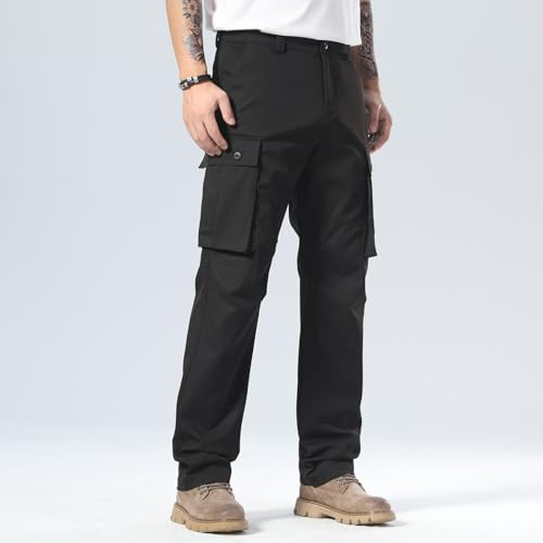 Plaid&Plain Men's Cargo Pants Loose Straight Fit with Multi-Pocket and Oversized Belt Loops3