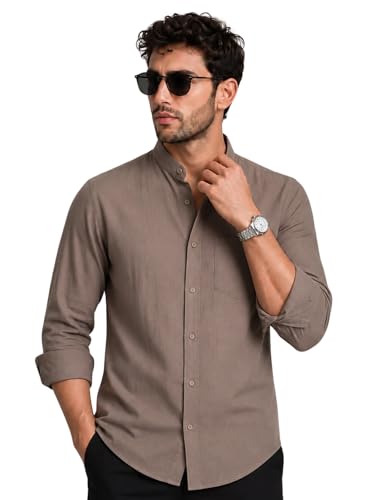Image of Veirdo Men's Stylish Solid Casual Shirt | Chinese Collar Pure Cotton | Available in Black, Brown, Rust, Olive, White & Navy | Sizes S to XXL