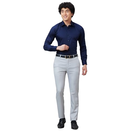 Image of Raymond Men's Slim Fit Mid Rise Structure Pattern Poly Viscose Blend Pleatless Formal Trouser