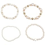 Caiyao Temperament Fashion Imitated Pearl Stackable Layered Bracelets Statement Big Large Faux Bead Heart Bangle White Round Seed Bracelets for Women Jewelry-4Pcs