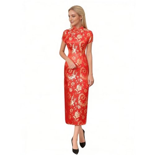 Chinese Womens Cheongsam Qipao Dress Slim Bodycon Exotic Long Split Dresses Wedding Costumes Gown Vintage Lunar New Year Formal Clothes Phoenix M