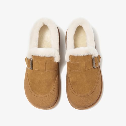 Image of BEAU TODAY Women Winter Loafers,Platform Suede Leather Comfortable Loafers for Women,Slip On Cute Fur Lined Adjustable Loafers Mules