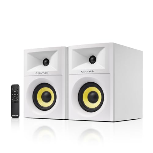 Sanyun SW205 80W 4” Aktive Bücherregal-Lautsprecher mit Holzgehäuse Innovative Außendesigns und fortschrittliche DSP-Chips – Optischer 3,5mm-Aux Bluetooth-5.4-Eingang – Fernbedienung (Paar, Weiß)
