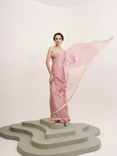 Image of ORHANS Women's Chiffon Saree with Unstitched Blouse Piece Solid Pattern and Laced Border | Lightweight Sarees for Woman | Plain Saris Daily Use | Womens Saree Modern Pattern| Stylish Saree
