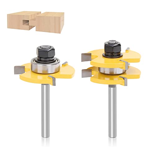 TOWOLYS 2Pcs Tongue and Groove Router Bit Set 1/4" Shank T - 3 Teeth T Shape Jointing Router Bits, 1/4 in